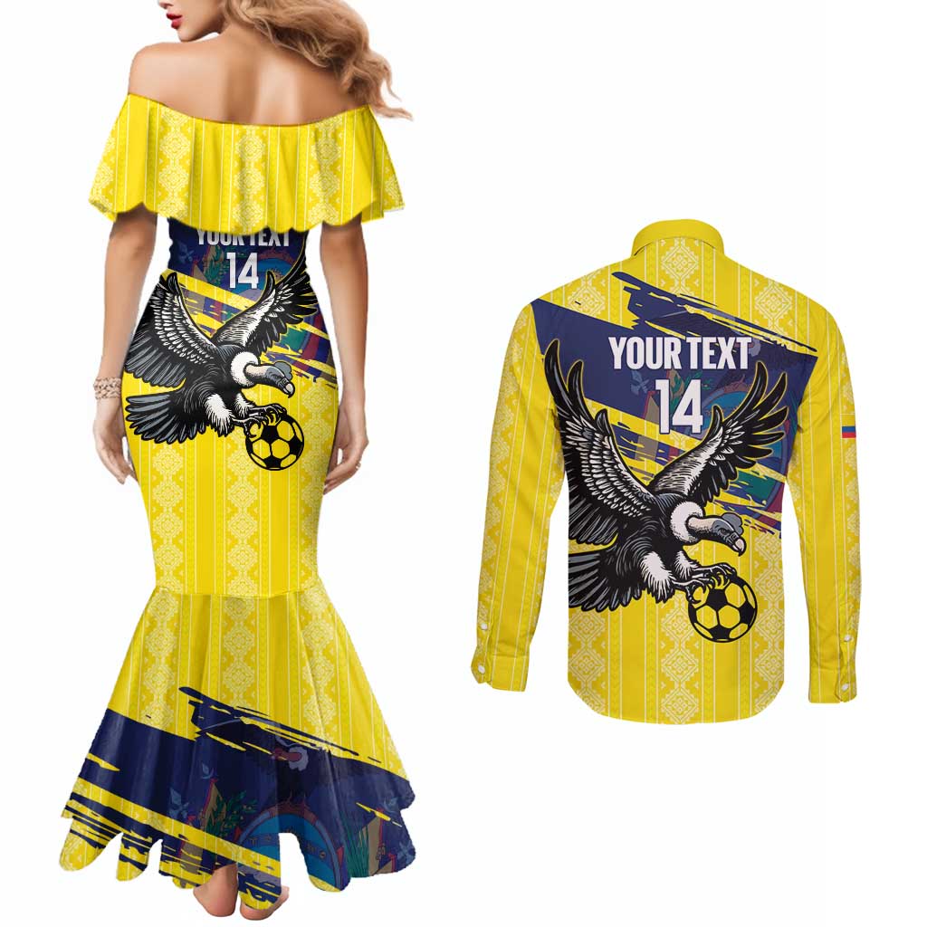 Ecuador Football Custom Couples Matching Mermaid Dress and Long Sleeve Button Shirt 2026 Vamos La Tri Yellow South America Pattern - Wonder Print Shop