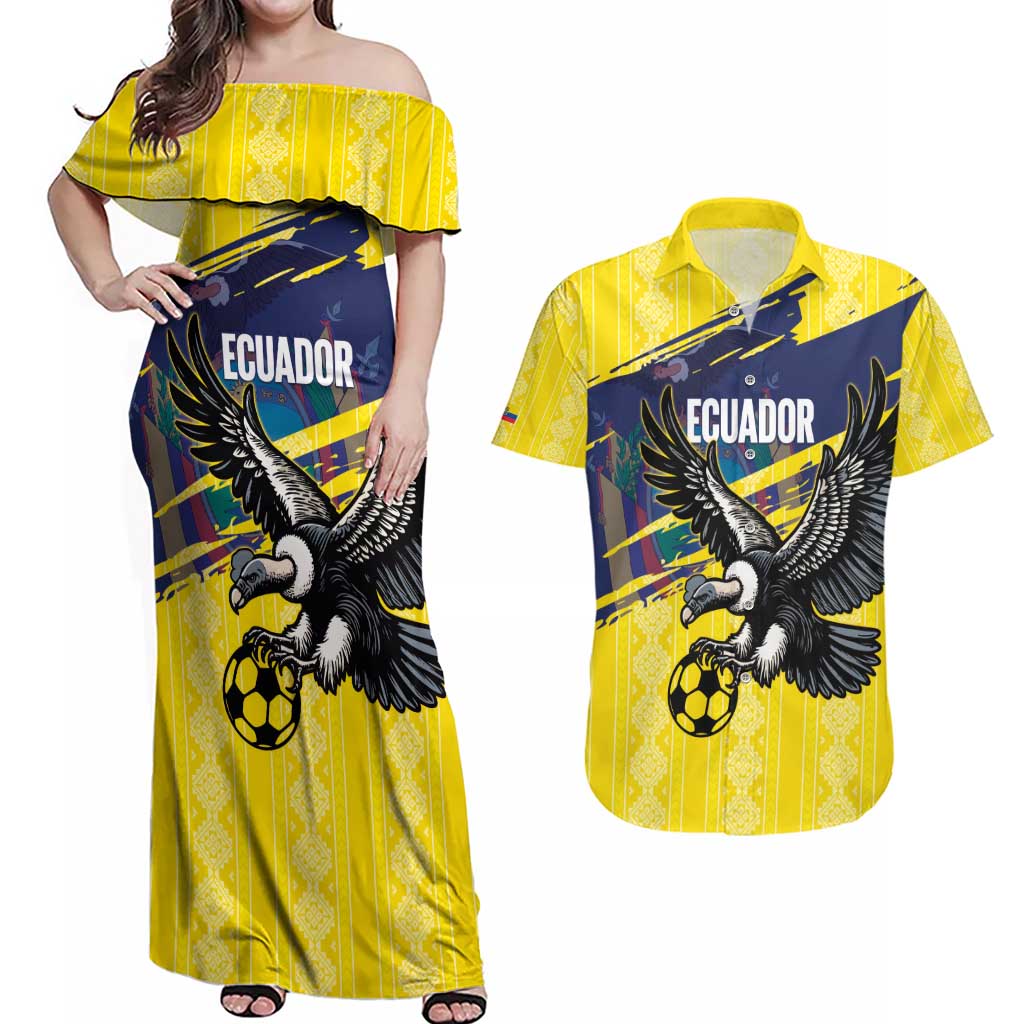 Ecuador Football Custom Couples Matching Off Shoulder Maxi Dress and Hawaiian Shirt 2026 Vamos La Tri Yellow South America Pattern - Wonder Print Shop