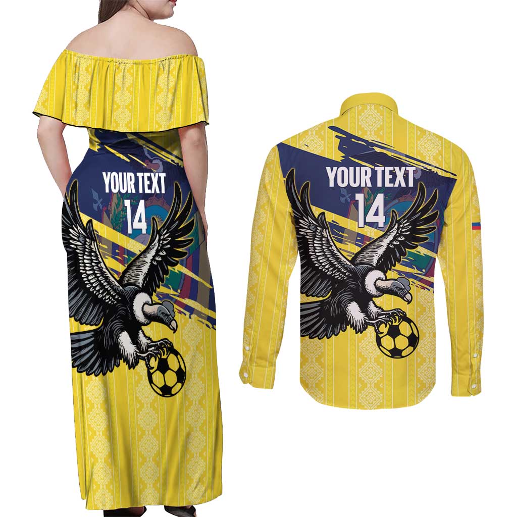 Ecuador Football Custom Couples Matching Off Shoulder Maxi Dress and Long Sleeve Button Shirt 2026 Vamos La Tri Yellow South America Pattern - Wonder Print Shop