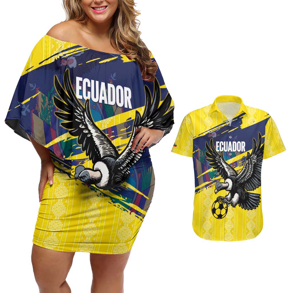 Ecuador Football Custom Couples Matching Off Shoulder Short Dress and Hawaiian Shirt 2026 Vamos La Tri Yellow South America Pattern - Wonder Print Shop