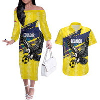 Ecuador Football Custom Couples Matching Off The Shoulder Long Sleeve Dress and Hawaiian Shirt 2026 Vamos La Tri Yellow South America Pattern - Wonder Print Shop