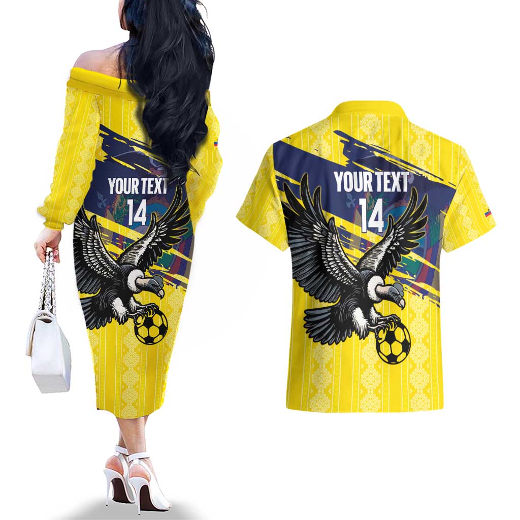 Ecuador Football Custom Couples Matching Off The Shoulder Long Sleeve Dress and Hawaiian Shirt 2026 Vamos La Tri Yellow South America Pattern - Wonder Print Shop