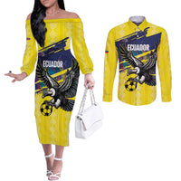 Ecuador Football Custom Couples Matching Off The Shoulder Long Sleeve Dress and Long Sleeve Button Shirt 2026 Vamos La Tri Yellow South America Pattern - Wonder Print Shop