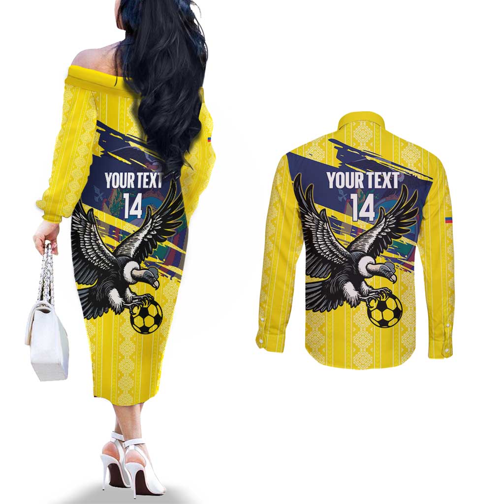 Ecuador Football Custom Couples Matching Off The Shoulder Long Sleeve Dress and Long Sleeve Button Shirt 2026 Vamos La Tri Yellow South America Pattern - Wonder Print Shop