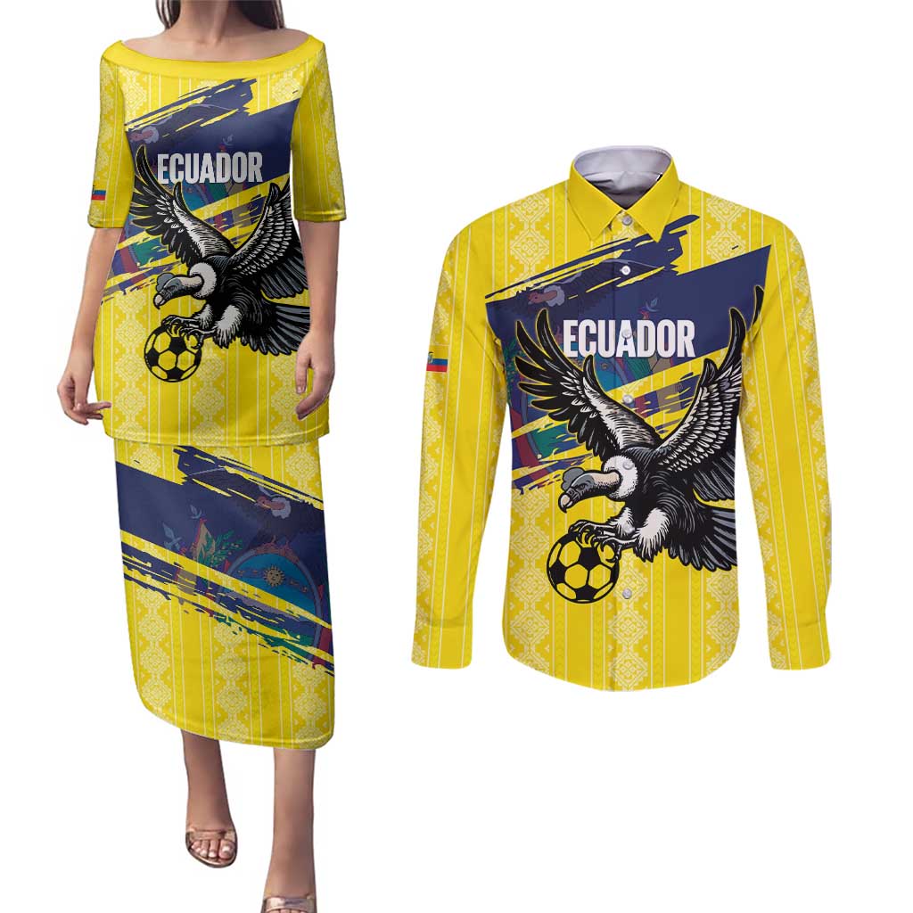 Ecuador Football Custom Couples Matching Puletasi and Long Sleeve Button Shirt 2026 Vamos La Tri Yellow South America Pattern - Wonder Print Shop