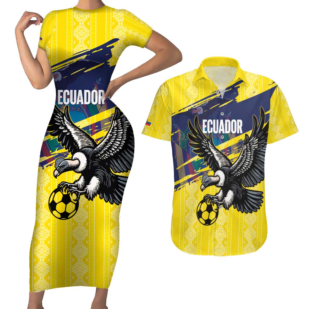 Ecuador Football Custom Couples Matching Short Sleeve Bodycon Dress and Hawaiian Shirt 2026 Vamos La Tri Yellow South America Pattern - Wonder Print Shop