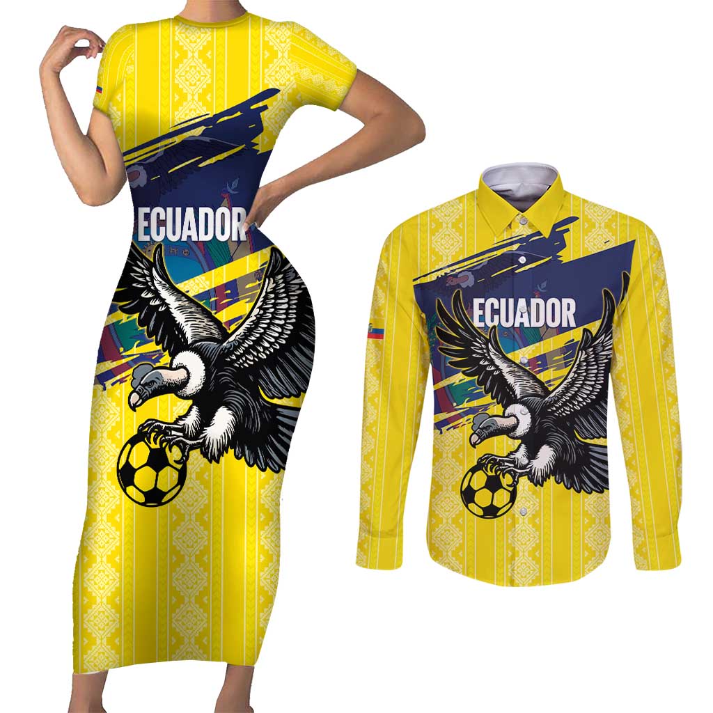 Ecuador Football Custom Couples Matching Short Sleeve Bodycon Dress and Long Sleeve Button Shirt 2026 Vamos La Tri Yellow South America Pattern - Wonder Print Shop