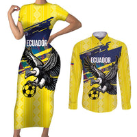 Ecuador Football Custom Couples Matching Short Sleeve Bodycon Dress and Long Sleeve Button Shirt 2026 Vamos La Tri Yellow South America Pattern - Wonder Print Shop