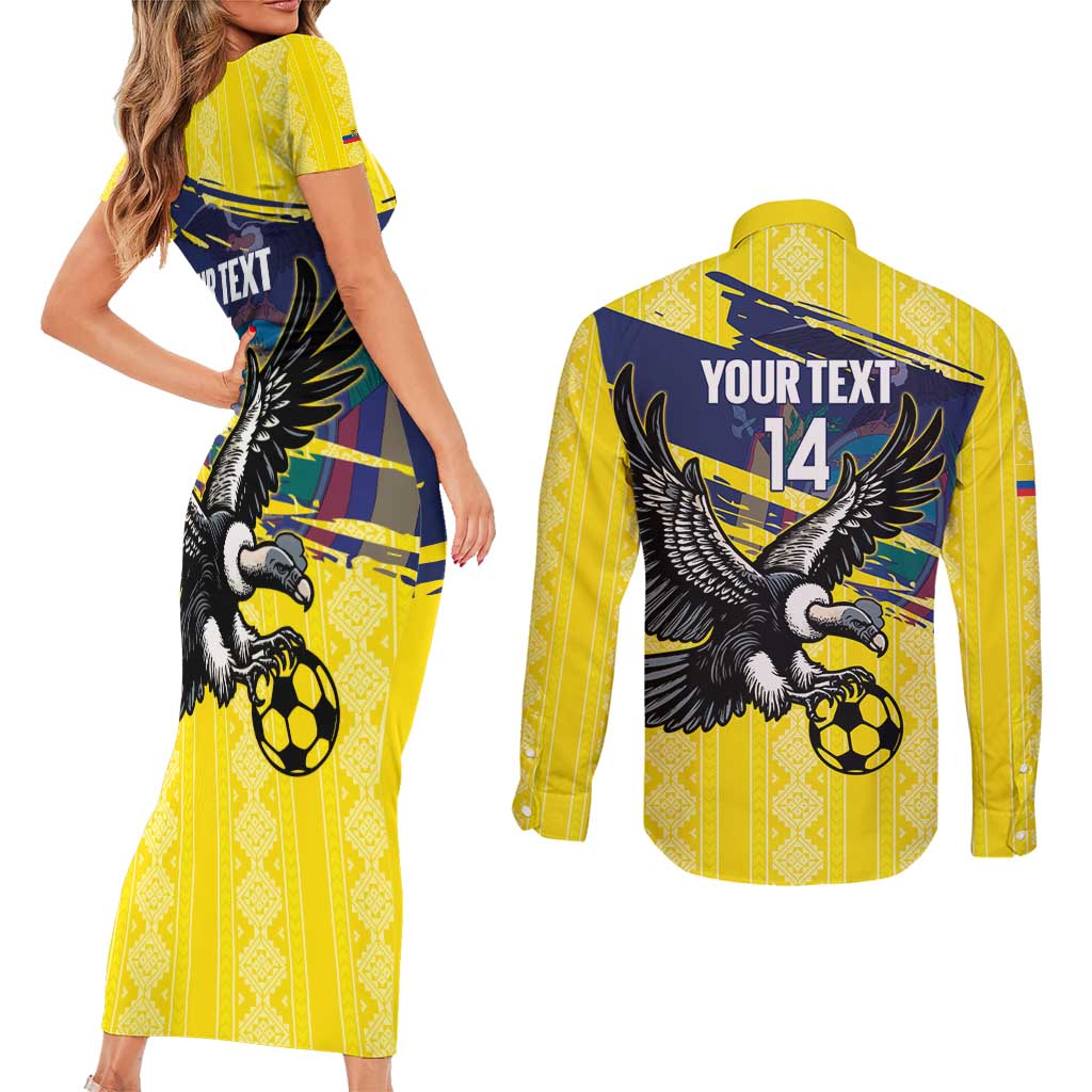 Ecuador Football Custom Couples Matching Short Sleeve Bodycon Dress and Long Sleeve Button Shirt 2026 Vamos La Tri Yellow South America Pattern - Wonder Print Shop
