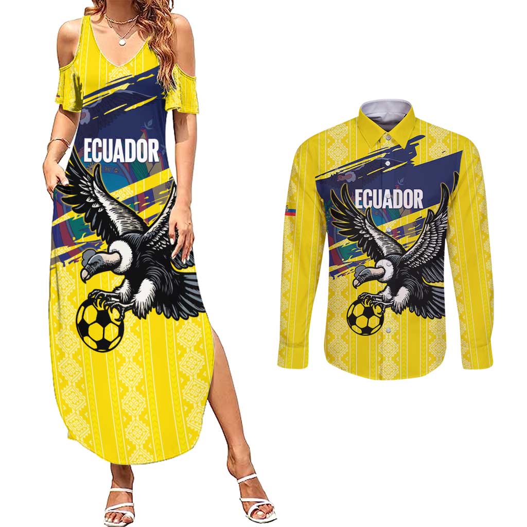 Ecuador Football Custom Couples Matching Summer Maxi Dress and Long Sleeve Button Shirt 2026 Vamos La Tri Yellow South America Pattern - Wonder Print Shop