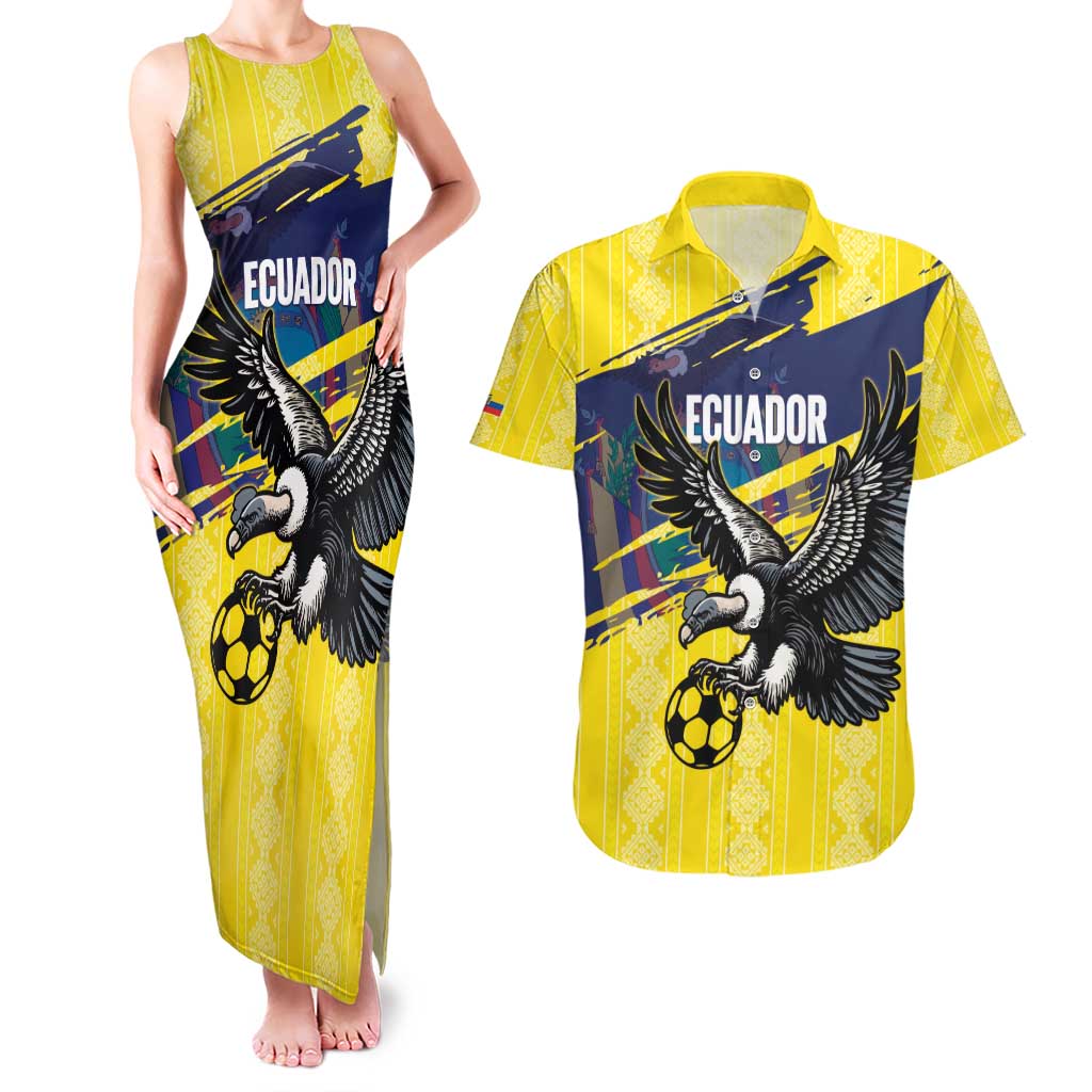Ecuador Football Custom Couples Matching Tank Maxi Dress and Hawaiian Shirt 2026 Vamos La Tri Yellow South America Pattern - Wonder Print Shop