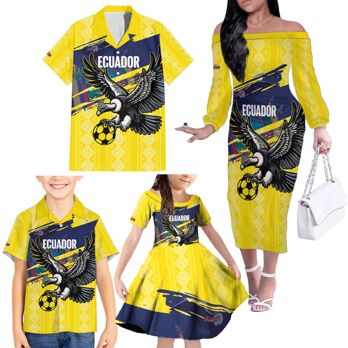 Ecuador Football Custom Family Matching Off The Shoulder Long Sleeve Dress and Hawaiian Shirt 2026 Vamos La Tri Yellow South America Pattern - Wonder Print Shop