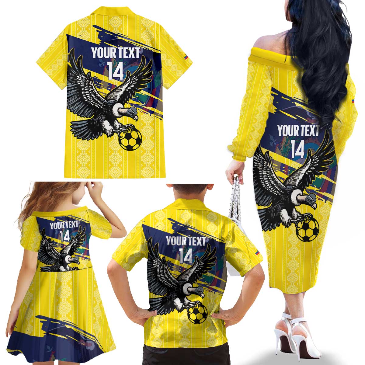 Ecuador Football Custom Family Matching Off The Shoulder Long Sleeve Dress and Hawaiian Shirt 2026 Vamos La Tri Yellow South America Pattern - Wonder Print Shop
