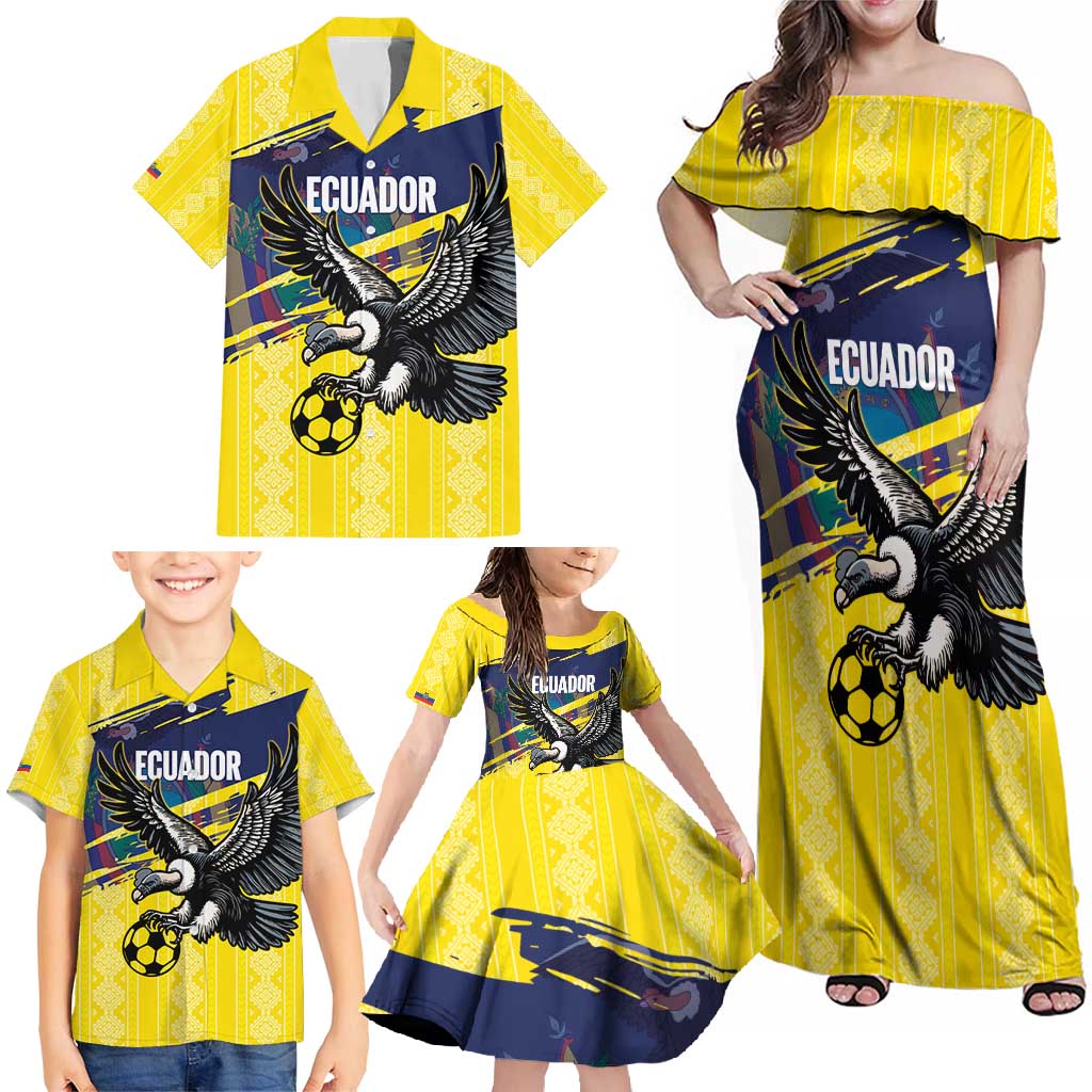 Ecuador Football Custom Family Matching Off Shoulder Maxi Dress and Hawaiian Shirt 2026 Vamos La Tri Yellow South America Pattern - Wonder Print Shop