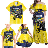 Ecuador Football Custom Family Matching Off Shoulder Maxi Dress and Hawaiian Shirt 2026 Vamos La Tri Yellow South America Pattern - Wonder Print Shop