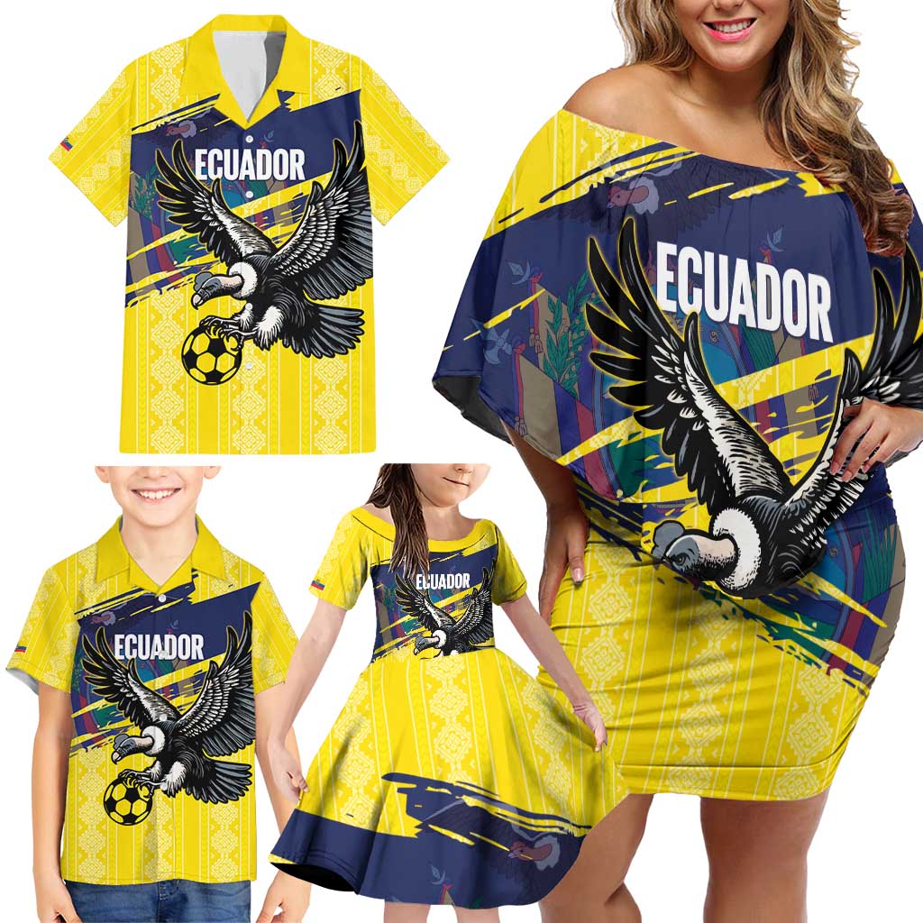 Ecuador Football Custom Family Matching Off Shoulder Short Dress and Hawaiian Shirt 2026 Vamos La Tri Yellow South America Pattern - Wonder Print Shop