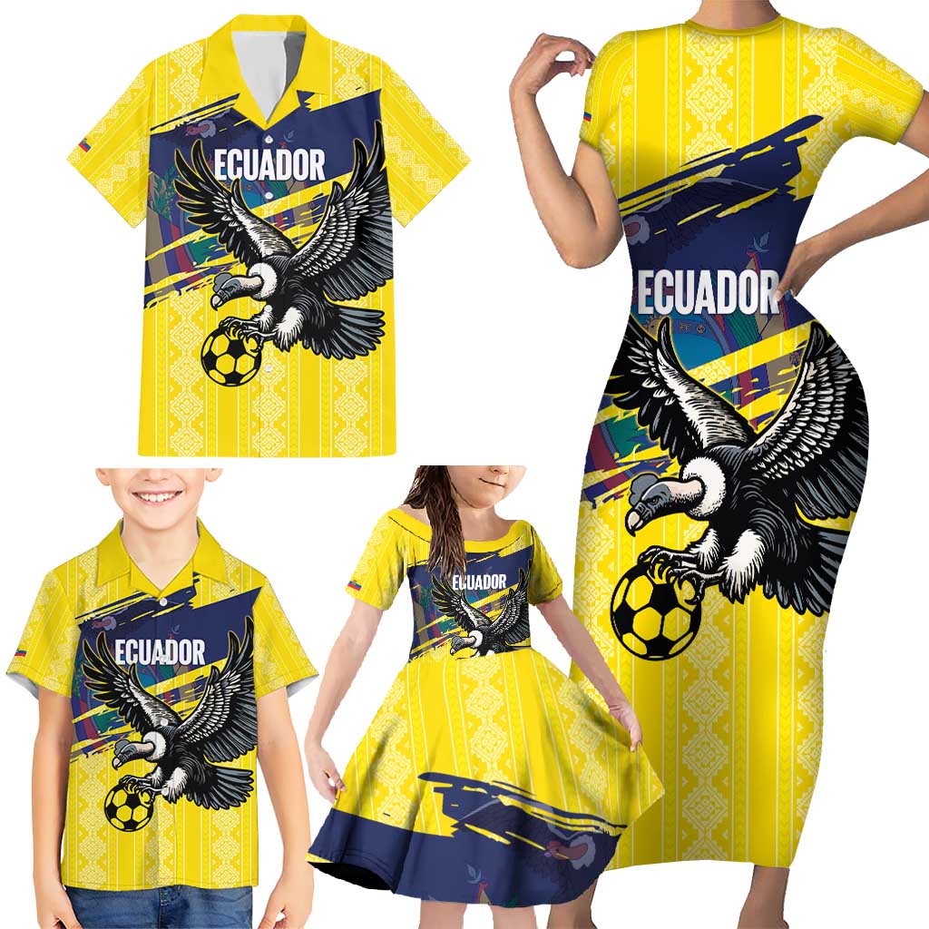 Ecuador Football Custom Family Matching Short Sleeve Bodycon Dress and Hawaiian Shirt 2026 Vamos La Tri Yellow South America Pattern - Wonder Print Shop