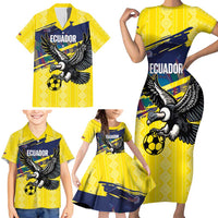 Ecuador Football Custom Family Matching Short Sleeve Bodycon Dress and Hawaiian Shirt 2026 Vamos La Tri Yellow South America Pattern - Wonder Print Shop