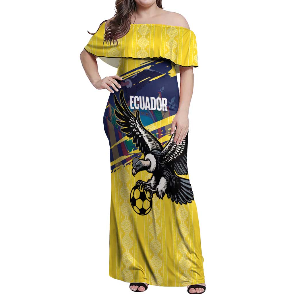 Ecuador Football Custom Off Shoulder Maxi Dress 2026 Vamos La Tri Yellow South America Pattern - Wonder Print Shop