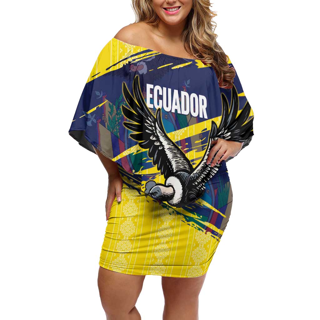 Ecuador Football Custom Off Shoulder Short Dress 2026 Vamos La Tri Yellow South America Pattern - Wonder Print Shop