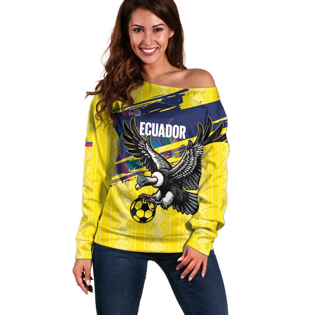 Ecuador Football Custom Off Shoulder Sweater 2026 Vamos La Tri Yellow South America Pattern - Wonder Print Shop