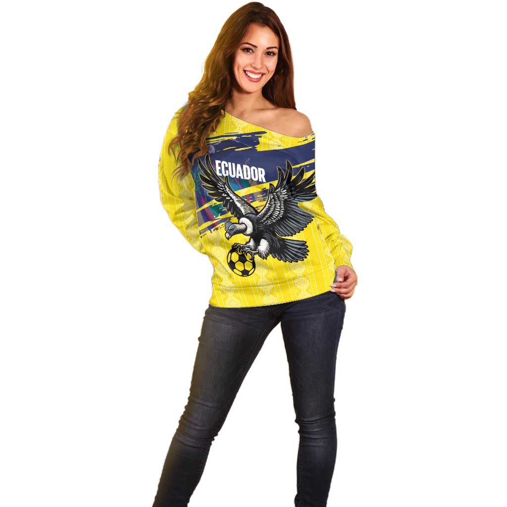 Ecuador Football Custom Off Shoulder Sweater 2026 Vamos La Tri Yellow South America Pattern - Wonder Print Shop