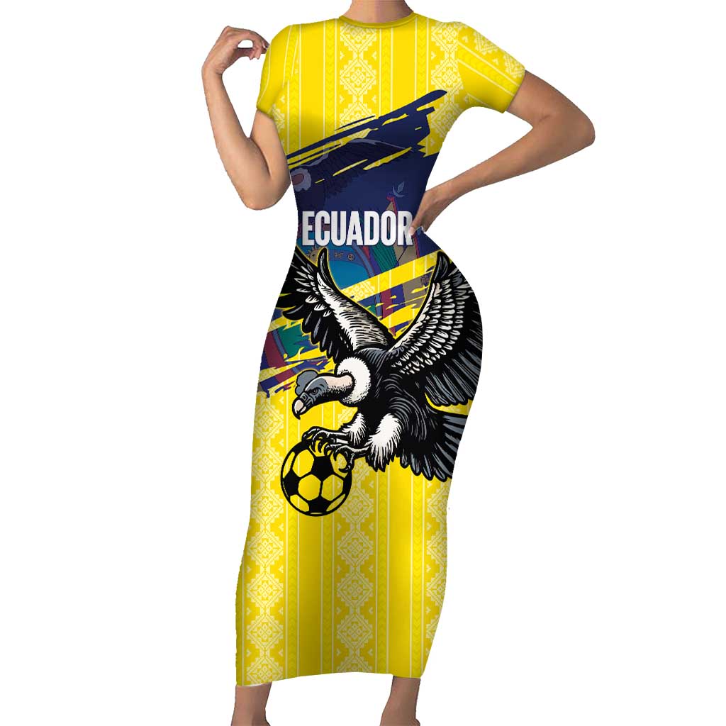 Ecuador Football Custom Short Sleeve Bodycon Dress 2026 Vamos La Tri Yellow South America Pattern - Wonder Print Shop