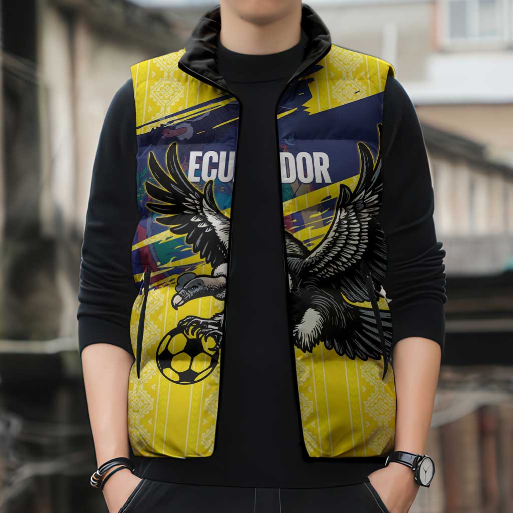 Ecuador Football Custom Sleeveless Puffer Jacket 2026 Vamos La Tri Yellow South America Pattern - Wonder Print Shop
