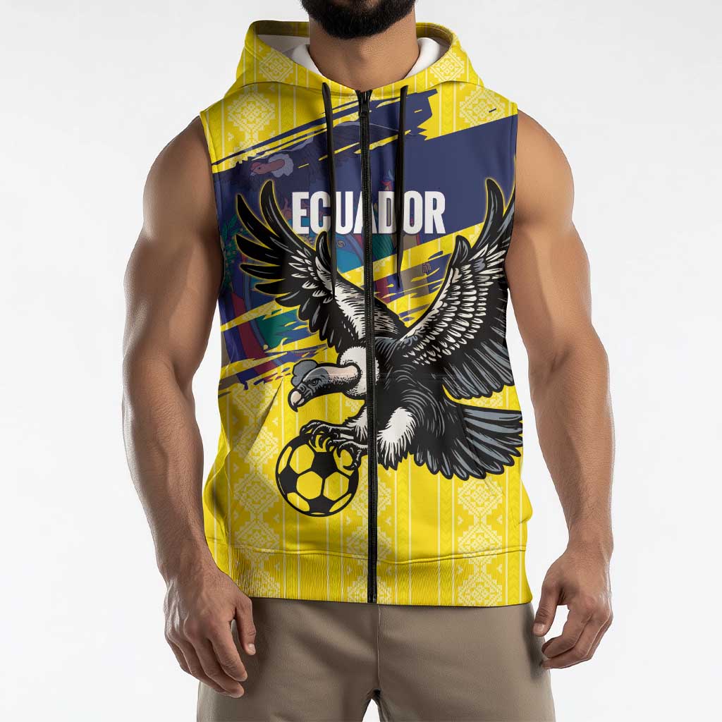 Ecuador Football Custom Sleeveless Zip Hoodie 2026 Vamos La Tri Yellow South America Pattern - Wonder Print Shop