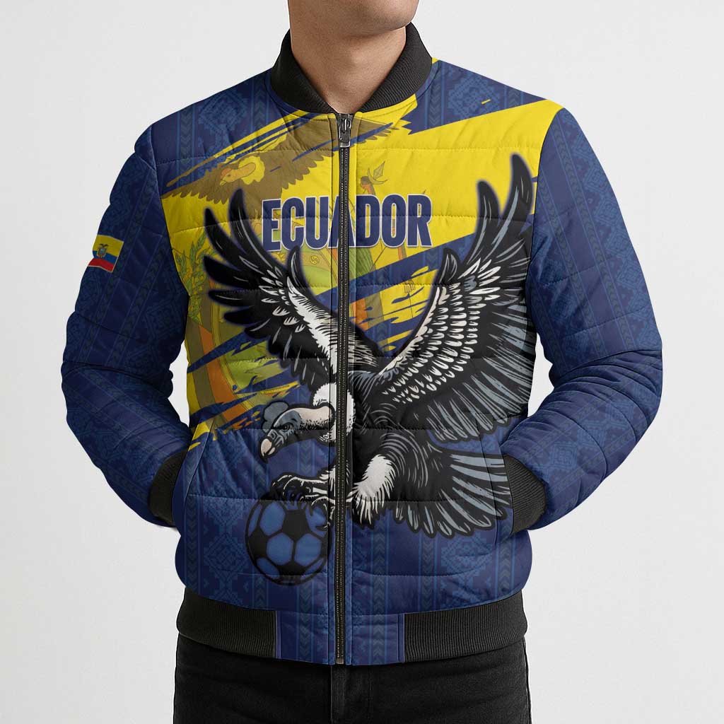 Ecuador Football Custom Bomber Puffer Jacket 2026 Vamos La Tri Blue South America Pattern - Wonder Print Shop