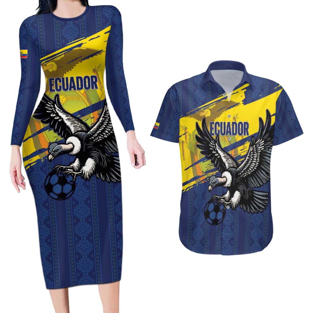 Ecuador Football Custom Couples Matching Long Sleeve Bodycon Dress and Hawaiian Shirt 2026 Vamos La Tri Blue South America Pattern - Wonder Print Shop