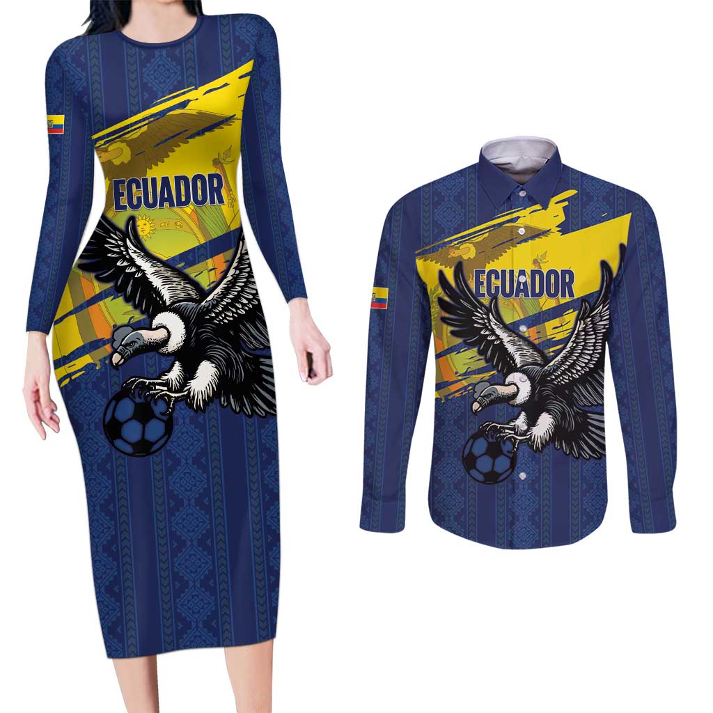 Ecuador Football Custom Couples Matching Long Sleeve Bodycon Dress and Long Sleeve Button Shirt 2026 Vamos La Tri Blue South America Pattern - Wonder Print Shop