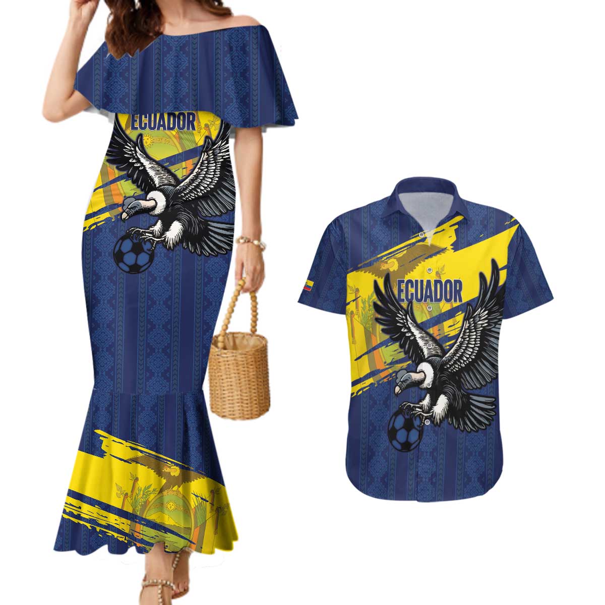Ecuador Football Custom Couples Matching Mermaid Dress and Hawaiian Shirt 2026 Vamos La Tri Blue South America Pattern - Wonder Print Shop