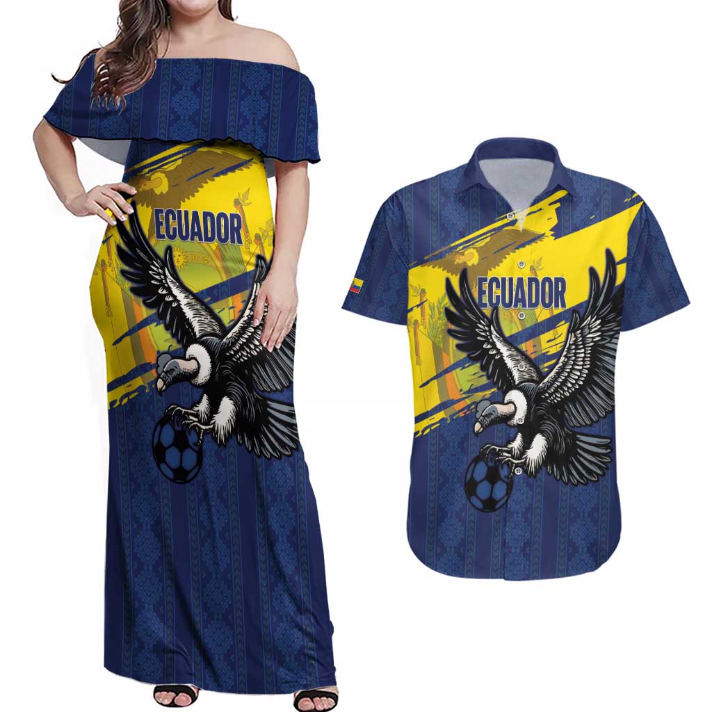 Ecuador Football Custom Couples Matching Off Shoulder Maxi Dress and Hawaiian Shirt 2026 Vamos La Tri Blue South America Pattern - Wonder Print Shop