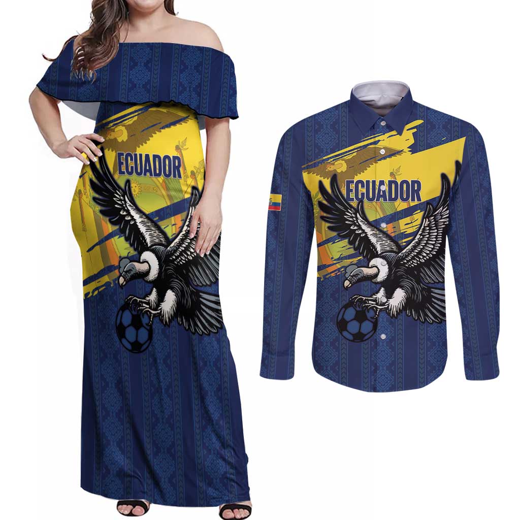 Ecuador Football Custom Couples Matching Off Shoulder Maxi Dress and Long Sleeve Button Shirt 2026 Vamos La Tri Blue South America Pattern - Wonder Print Shop