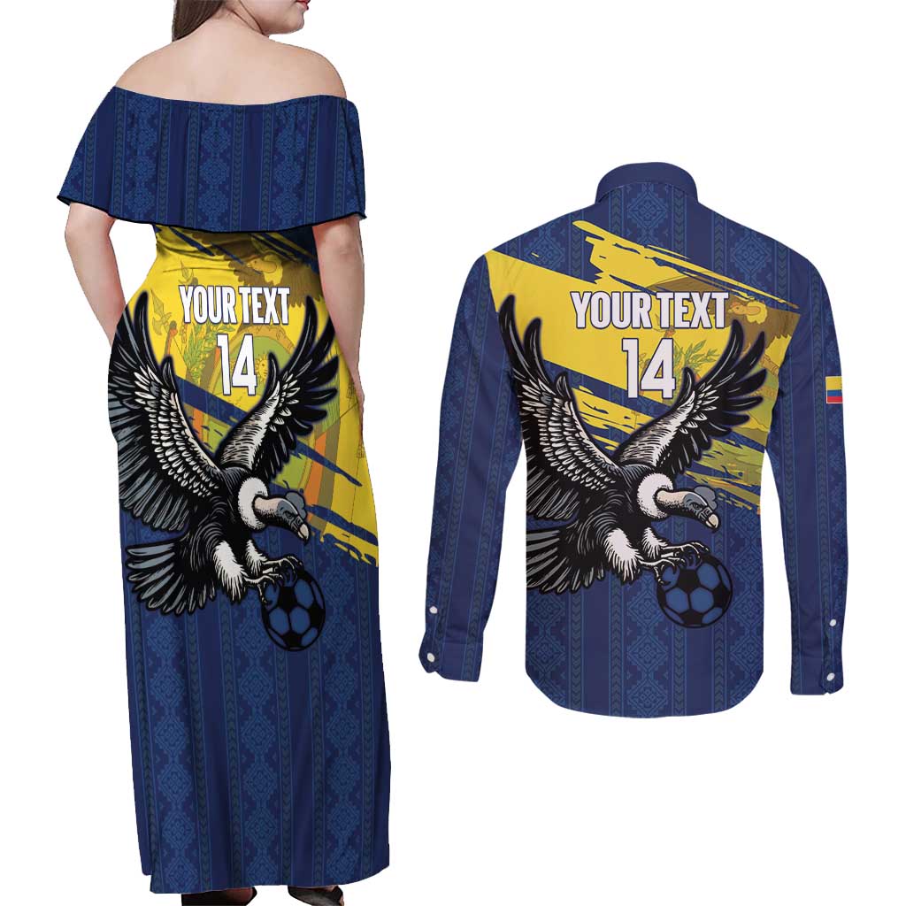 Ecuador Football Custom Couples Matching Off Shoulder Maxi Dress and Long Sleeve Button Shirt 2026 Vamos La Tri Blue South America Pattern - Wonder Print Shop