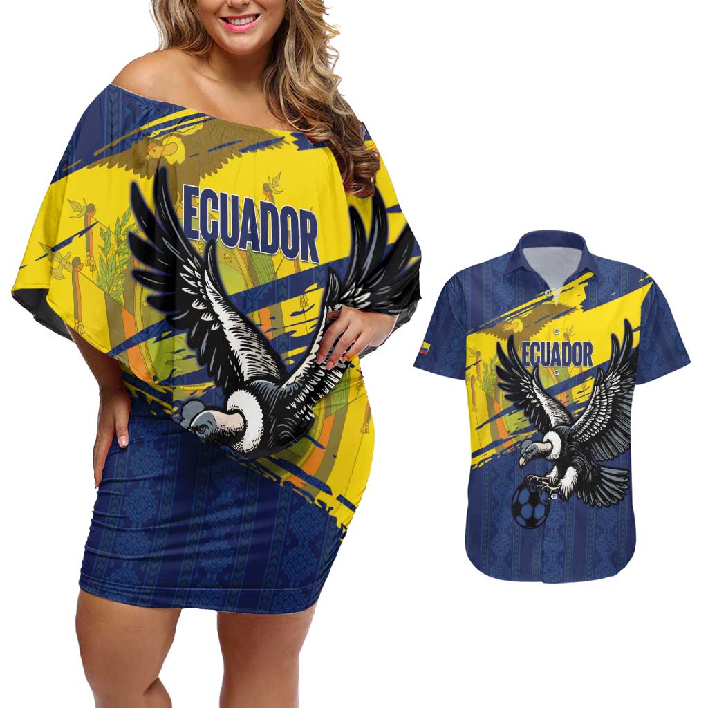 Ecuador Football Custom Couples Matching Off Shoulder Short Dress and Hawaiian Shirt 2026 Vamos La Tri Blue South America Pattern - Wonder Print Shop