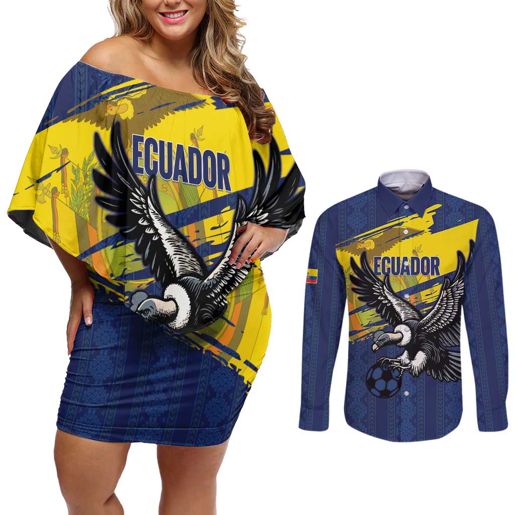 Ecuador Football Custom Couples Matching Off Shoulder Short Dress and Long Sleeve Button Shirt 2026 Vamos La Tri Blue South America Pattern - Wonder Print Shop
