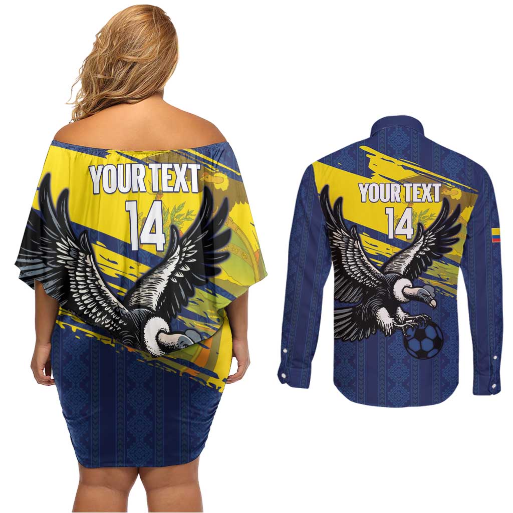 Ecuador Football Custom Couples Matching Off Shoulder Short Dress and Long Sleeve Button Shirt 2026 Vamos La Tri Blue South America Pattern - Wonder Print Shop