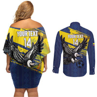 Ecuador Football Custom Couples Matching Off Shoulder Short Dress and Long Sleeve Button Shirt 2026 Vamos La Tri Blue South America Pattern - Wonder Print Shop