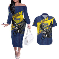 Ecuador Football Custom Couples Matching Off The Shoulder Long Sleeve Dress and Hawaiian Shirt 2026 Vamos La Tri Blue South America Pattern - Wonder Print Shop