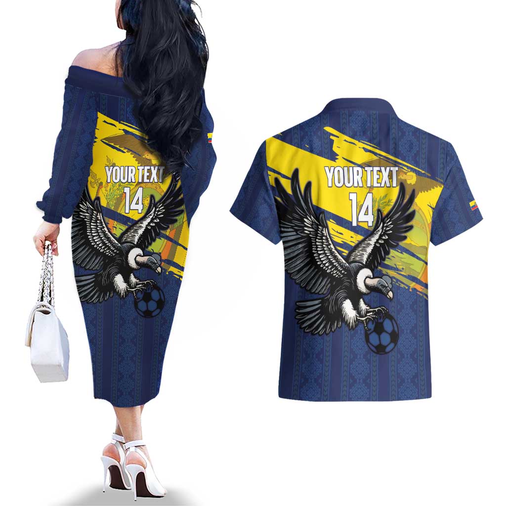 Ecuador Football Custom Couples Matching Off The Shoulder Long Sleeve Dress and Hawaiian Shirt 2026 Vamos La Tri Blue South America Pattern - Wonder Print Shop