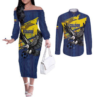 Ecuador Football Custom Couples Matching Off The Shoulder Long Sleeve Dress and Long Sleeve Button Shirt 2026 Vamos La Tri Blue South America Pattern - Wonder Print Shop