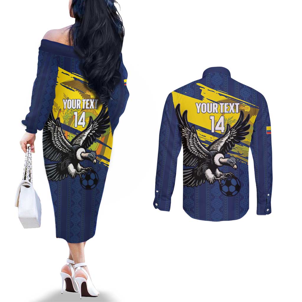 Ecuador Football Custom Couples Matching Off The Shoulder Long Sleeve Dress and Long Sleeve Button Shirt 2026 Vamos La Tri Blue South America Pattern - Wonder Print Shop