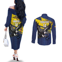 Ecuador Football Custom Couples Matching Off The Shoulder Long Sleeve Dress and Long Sleeve Button Shirt 2026 Vamos La Tri Blue South America Pattern - Wonder Print Shop