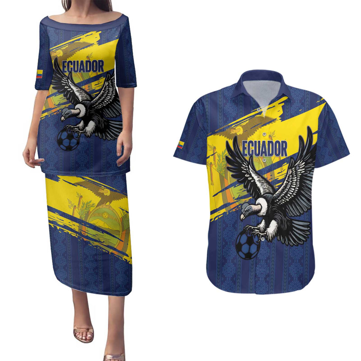 Ecuador Football Custom Couples Matching Puletasi and Hawaiian Shirt 2026 Vamos La Tri Blue South America Pattern - Wonder Print Shop