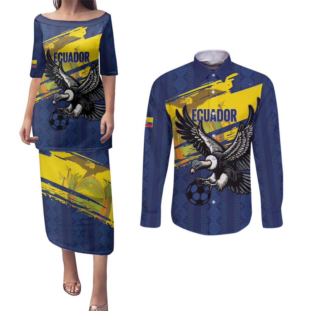Ecuador Football Custom Couples Matching Puletasi and Long Sleeve Button Shirt 2026 Vamos La Tri Blue South America Pattern - Wonder Print Shop