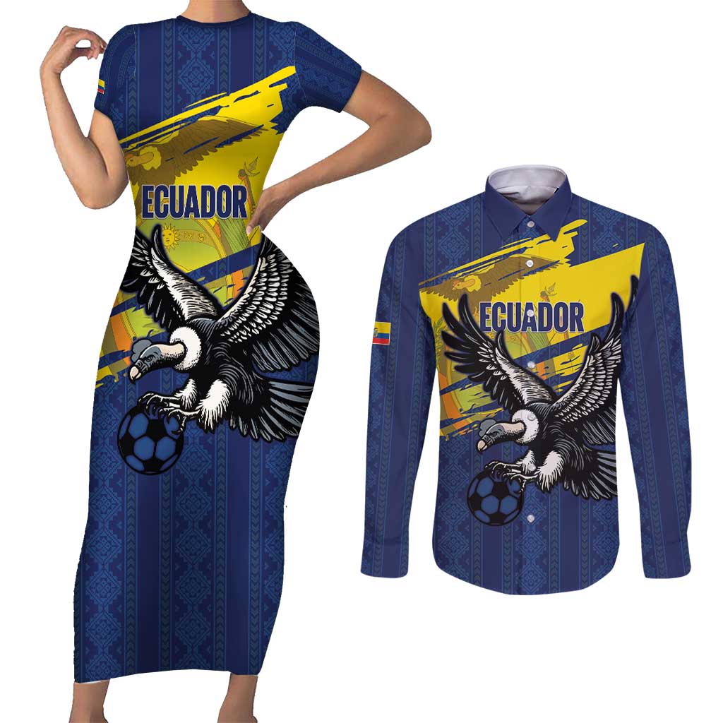 Ecuador Football Custom Couples Matching Short Sleeve Bodycon Dress and Long Sleeve Button Shirt 2026 Vamos La Tri Blue South America Pattern - Wonder Print Shop