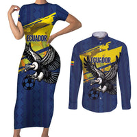 Ecuador Football Custom Couples Matching Short Sleeve Bodycon Dress and Long Sleeve Button Shirt 2026 Vamos La Tri Blue South America Pattern - Wonder Print Shop