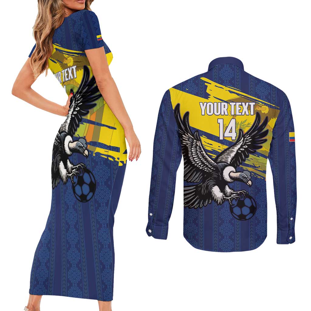 Ecuador Football Custom Couples Matching Short Sleeve Bodycon Dress and Long Sleeve Button Shirt 2026 Vamos La Tri Blue South America Pattern - Wonder Print Shop